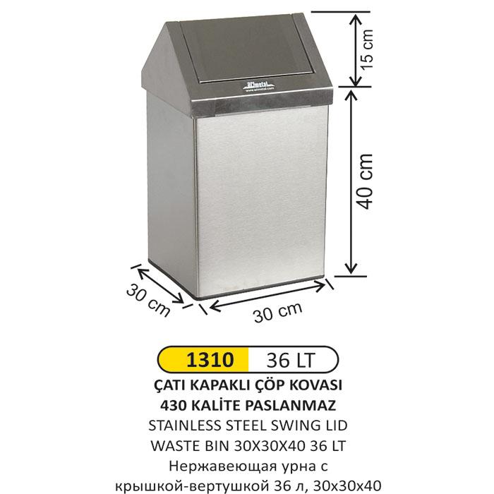 Çöp Kovası- Çatı Kapak  30X30X40  36 Lt Paslanmaz