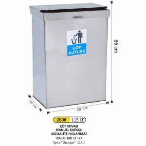 Çöp Kovası- Di̇kdörtgen  Paslanmaz Manuel Kapaklı Büyük