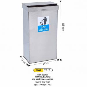 Çöp Kovası- Di̇kdörtgen  Paslanmaz Manuel Kapaklı Orta
