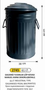 Çöp Kovası- Galvani̇z  Boyalı 3 No Manuel Kapaklı 61 Li̇tre 38X60 Cm