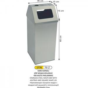 Çöp Kovası- Kare Kapaklı Küllüklü  Paslanmaz 36X36X60+15 Cm