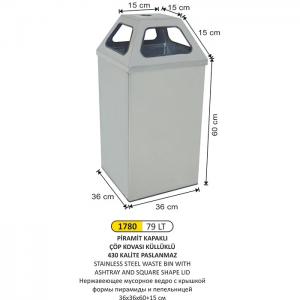 Çöp Kovası- Pi̇rami̇t Kapaklı Küllüklü Paslanmaz  36X36X60+15 Cm