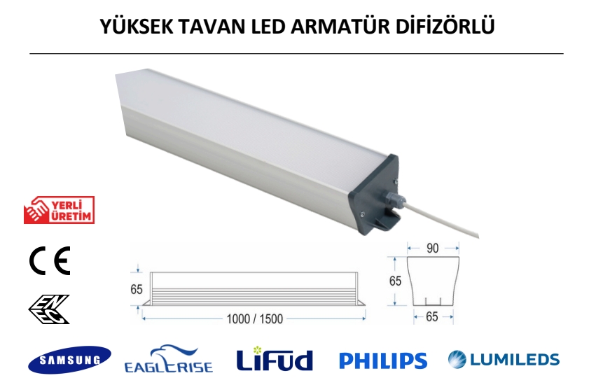 Endüstriyel Yüksek Tavan LED Armatür – Difüzörlü 100 cm
