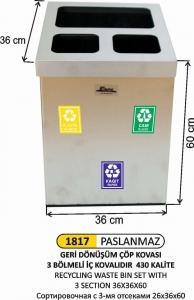 Geri̇ Dönüşüm Kovası-  3 Bölmeli̇ 36X36X60