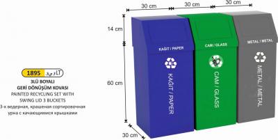Geri̇ Dönüşüm Kovası-  3 Lü Set Boyalı Sallanır Kapaklı