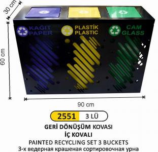 Geri̇ Dönüşüm Kovası- Boyalı 3 Lü Gövde Dekorlu Döner Kapaklı