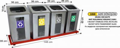 Geri̇ Dönüşüm Kovası- Camlı Paslanmaz 4 Lü 36X36X60 Cm