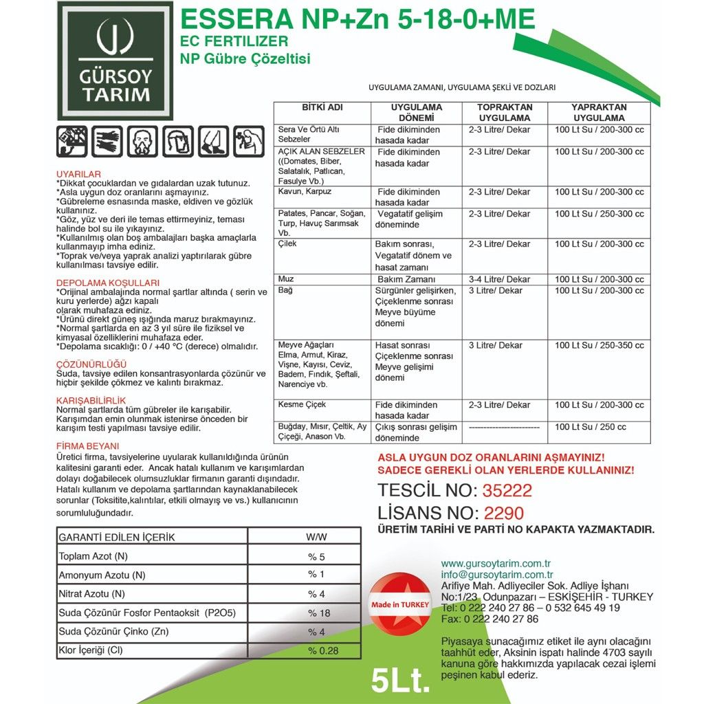 Np+Zn Azot, Fosfor Ve Çinko Takviyeli Gübre - Esserra - 1000Lt